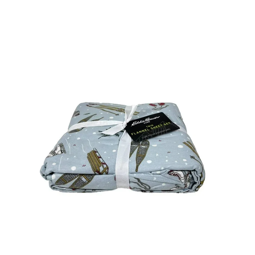 Eddie Bauer Twin Flannel Sheet Set Winter Snow Day Print Blue